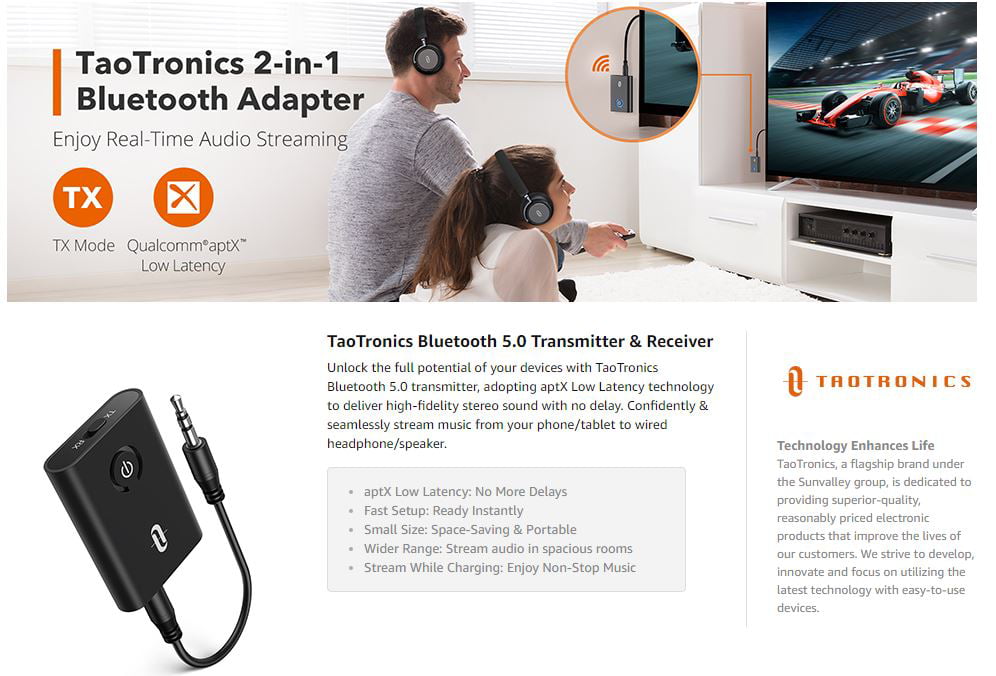 Taotronic TT-BA07 Bluetooth 5.0 Transmitter & Receiver 3.5mm Low Latency  SB17