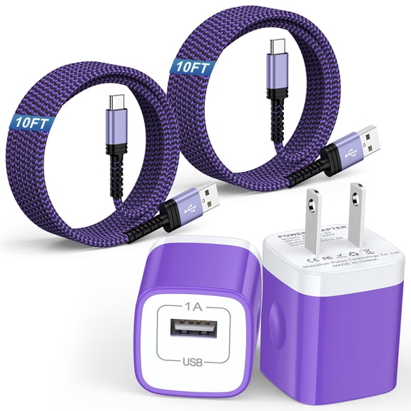 USB Charging Block, 2 Pack USB Wall Charger with 10FT Type C Charging Cable USB C Cable Phone Cables, Charger Block Phone Charger Android Charger, Fast Charging Type C Power Adapter USB Brick, Purple