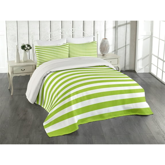 Ambesonne Lime Green Quilted Coverlet 3 Pcs, Watercolor Lines, King Size, White Lime Green