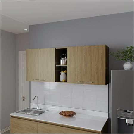 JERFIT Macadamia Beige Kitchen Wall Cabinet with Dish Rack Metal Handles & Display Shelves Ontario Style Engineered Wood Storage Solution