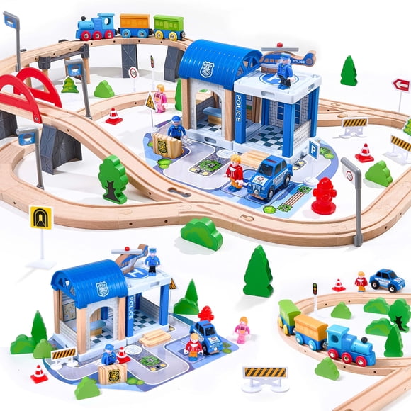 102Pcs Wooden Train Set for Toddlers, Wooden Train Track - Expandable and Changeable, Safe Educational Train Toys Gift for Boys & Girls Kids Ages 3-5