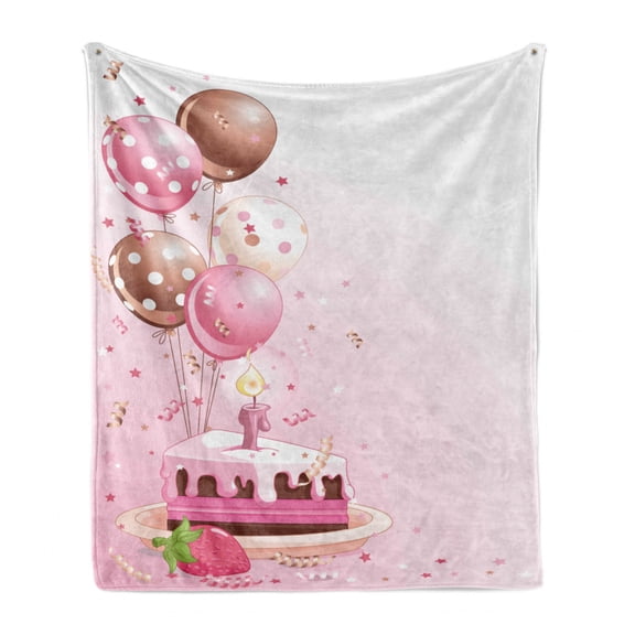 Birthday Soft Flannel Fleece Throw Blanket, Strawberry Pink Slice of Cake Candle Dotted Balloons and Celebration, Cozy Plush for Indoor and Outdoor Use, 70" x 90", Pink Tan Cream, by Ambesonne