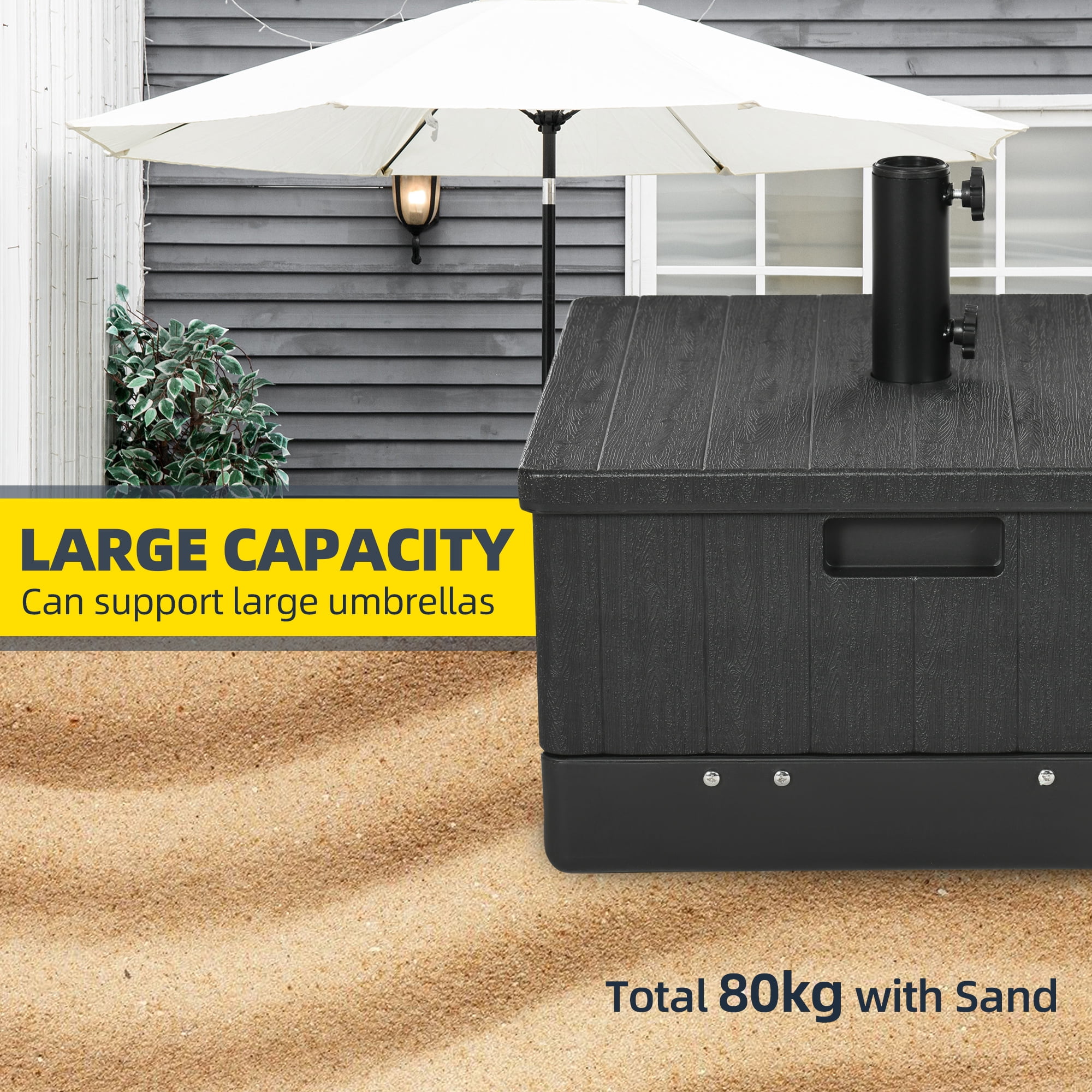 3-in-1 Outdoor Umbrella Base, Coffee End Table, Flower Box Planter, 175lbs Capacity Patio Umbrella Stand Table with Wheels and Handles, Black
