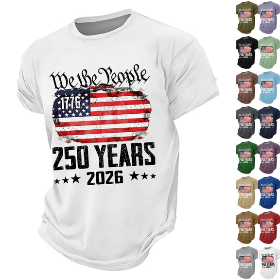 250th Anniversary T-Shirt for Men American Flag Tees 4th of July Shirt 250 Years Birthday Patriotic Tops White M