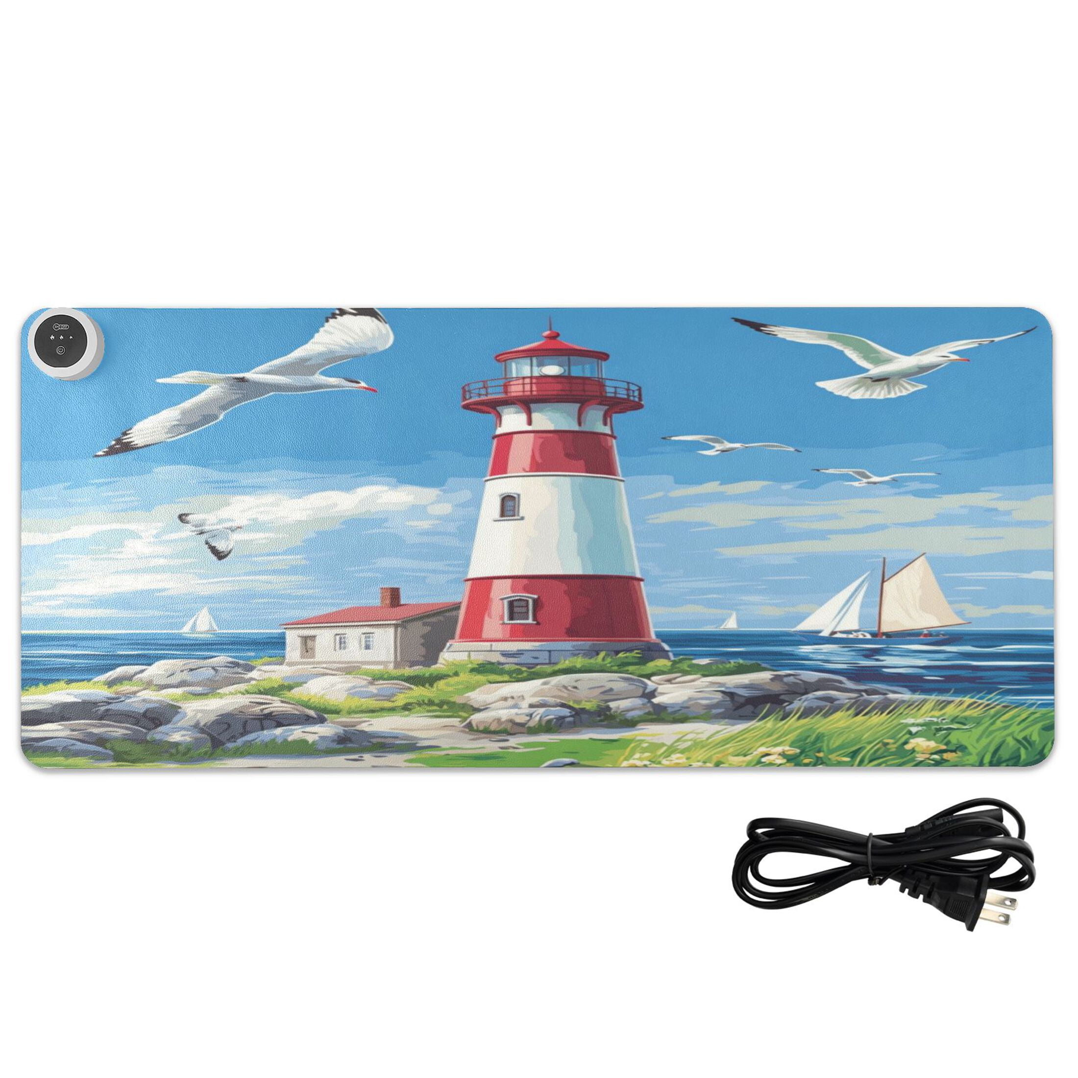 Wobogo Coastal Lighthouse Heated Mouse Pad Extra-Large Desk Mat With 3 Heating Levels and 3-hour Auto Shut-Off Protection Ideal for Computer Keyboards Home Office Hand-warming Essential 31.5in × 13in