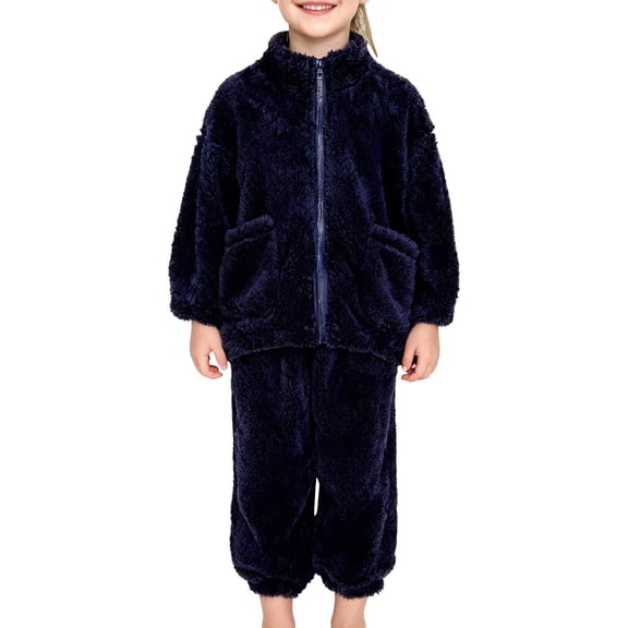 KAUOD Girls 2 Piece Plush Jackets Pants Set Plain Fuzzy Zip up Fuzzy Coats Soft Warm Straight Pants Outfits for Kids