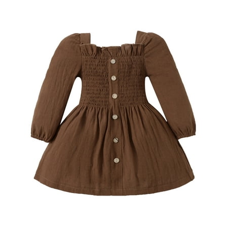

Canrulo Toddler Infant Kids Baby Girls Solid Color Square Neck Long Sleeve Ruffled Princess Dress Brown 18-24 Months