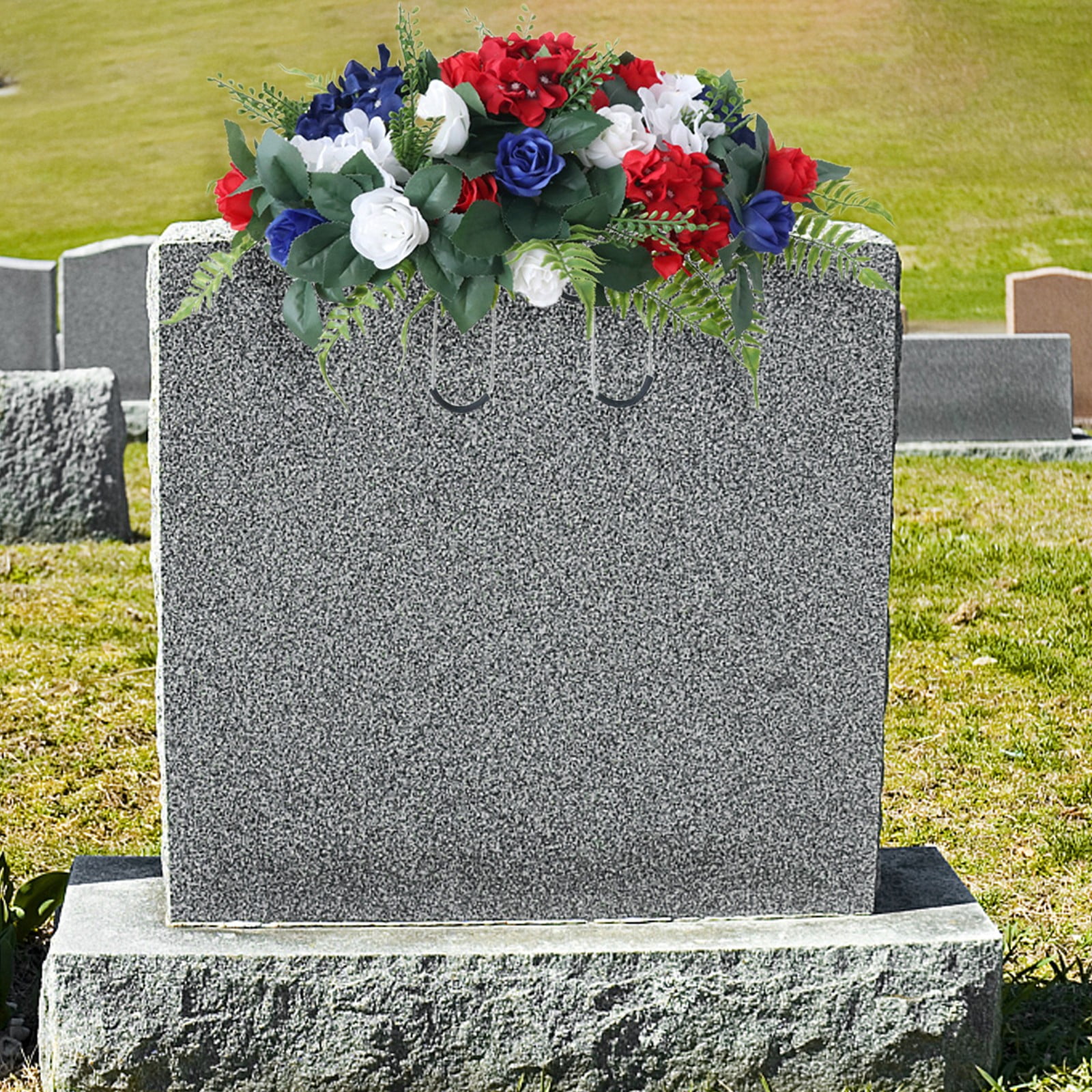 Cemetery Saddles for Headstones Patriotic Cemetery Saddle Flowers Red White and Blue Rose Arrangement with Flags, Artificial Memorial Floral Saddle for Gravesite Outdoor Decoration Durable Design