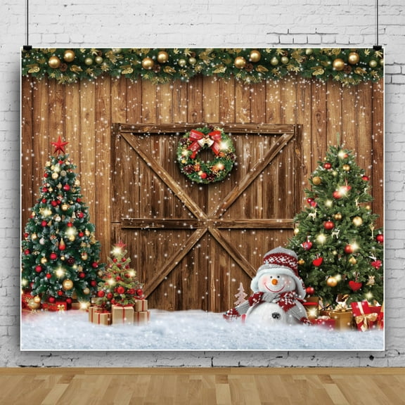SUNOLIFE Christmas Backdrop Banner Winter Wood Snowman Photo Background Banner 5x3ft