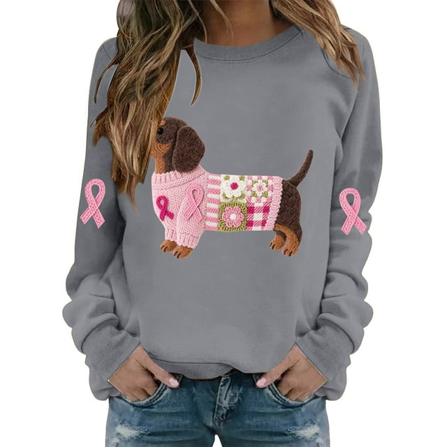 Jindong Women's Dog Ribbon Breast Cancer Awareness Print Sweatshirt