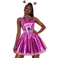 thumbnail image 5 of iiniim Women Alien Cosplay Lapel V Neck Sleeveless A-line Hem Tulle Layers Metallic Dress with Hair Hoop for Role-playing Theme Party Stage Dance Rose 3XL, 5 of 7