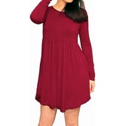 3KB Women's Long Sleeve Dress- Flattering Casual Loose Fit, Plain Short Design, Pockets - Wine - Small