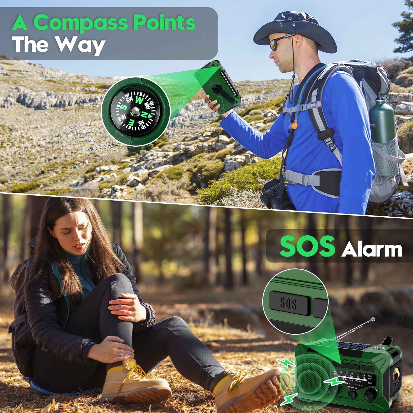 Fovendi 10000mAh Hand Crank Radio,Emergency Radio,Solar Radio,NOAA/AM/FM Weather Radio,USB Type-C Charging Radios Portable with LED Reading Light,SOS,Compass for Camping Hiking Climbing