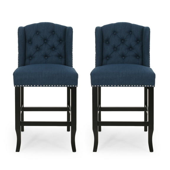 Counter Height Chair Set of 2, Tufted Wingback, Nailhead Trim, Navy Blue