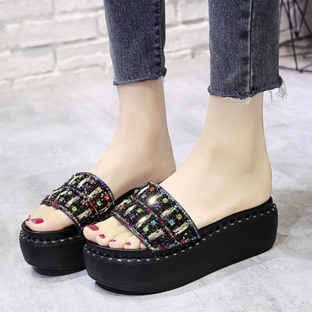 

NEGJ Fashion Spring And Summer Women Slippers High Heel Rhinestone Sequin Sandals Platform