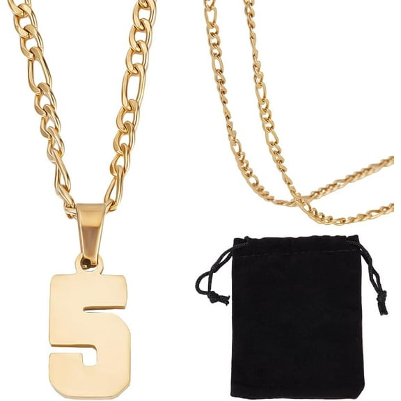 1 Box 1Pc Number Necklace 304 Stainless Steel Athletes Number Chain with Velvet Pouches for Women Men (Number 5) Gold
