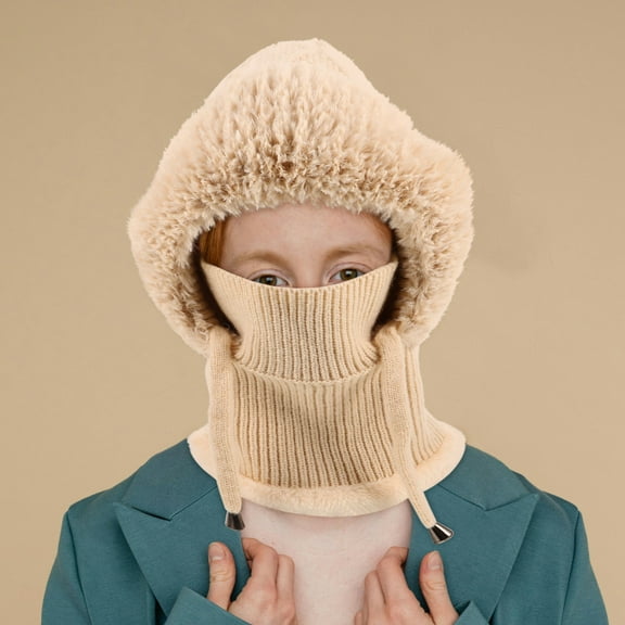GAXIRE Women's Warm Ear Protective Hat with Integrated Face and Neck Warmer, Beige Acrylic, 1 Pack