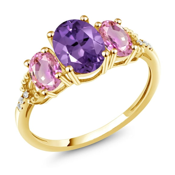 Gem Stone King 2.39 Cttw 10K Yellow Gold Purple Amethyst Pink Sapphire and Accent Diamond 3-Stone Engagement Ring | Three Stone Wedding Anniversary Promise Ring for Women (Size 5)