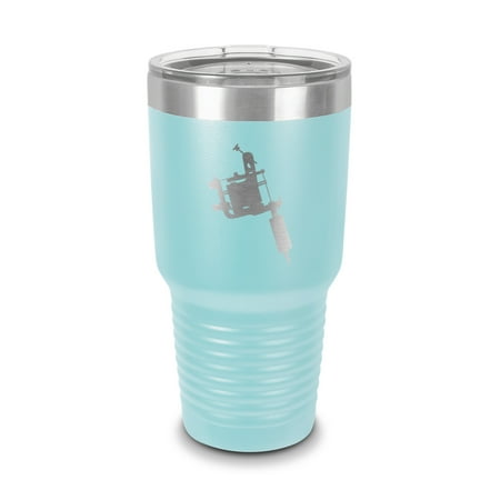 

Tattoo Machine Tumbler 30 oz - Laser Engraved w/ Clear Lid - Stainless Steel - Vacuum Insulated - Double Walled - Travel Mug - ink body art #2 - Light Blue
