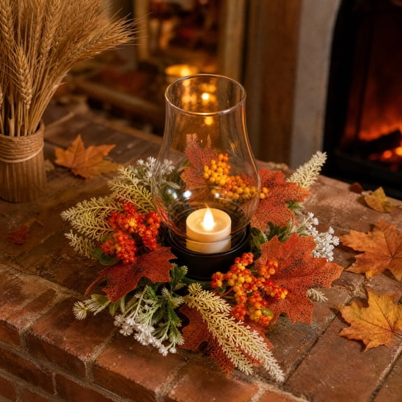 Fall Halloween Decoration for Home Indoor Outdoor Clearance Under $5.00!Candlestick Wreath Halloween Harvests Festival Thanksgiving Wreath Autumns Pumpkin Maple Leaf Tabletop Decoration Table