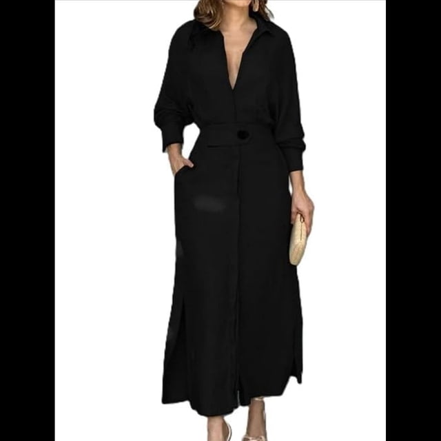 Vestido Maxi Informal de Otoño para Mujer, con Solapa, Abertura, Antiarrugas, y Bolsillos para Vacaciones Negro S