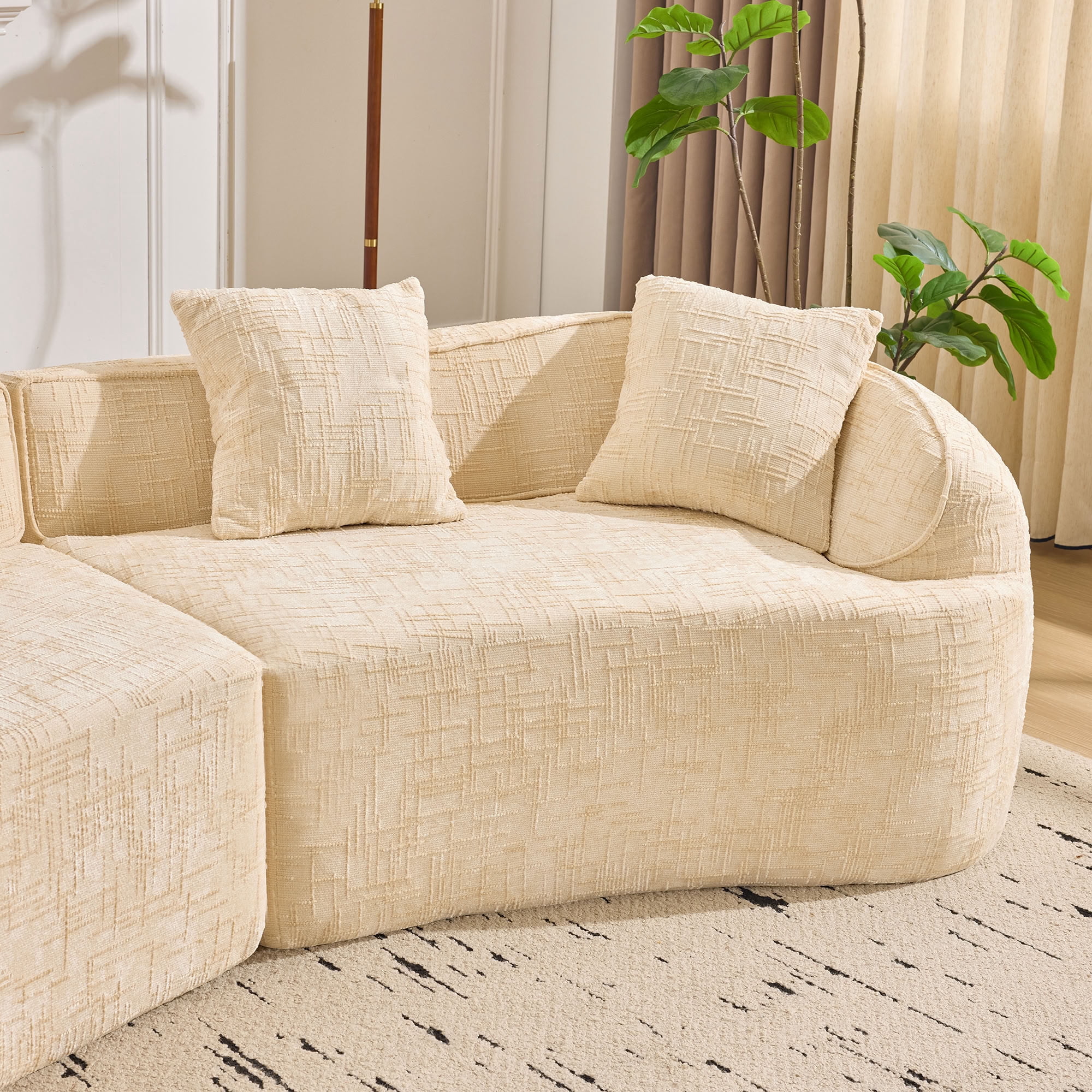 MAYEERTY 4-Seat Curved Compressed Sectional Sofa, Upholstered Cloud Modular Couch with Throw Pillows, No Assembly for Living Room Apartment Small Spaces