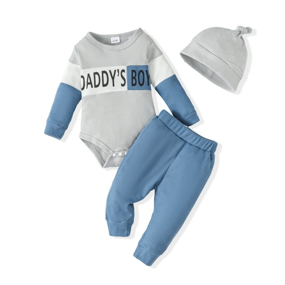 KIMI BEAR Newborn Baby Boys Pant Sets Fall Letter Print Long Sleeves Romper Tops Solid Color Pants with Hat 3pcs Outfits Gray 0-3 Months