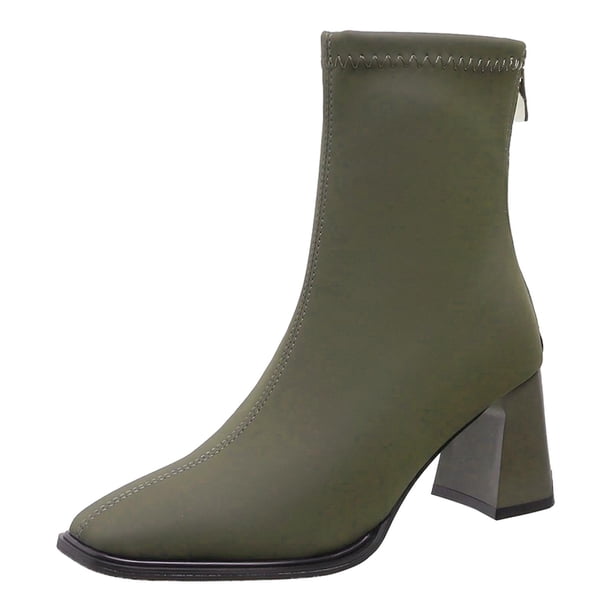 NECHOLOGY Botas Mujer Zapatos Botines mujer Simple Color Sólido Cómodo Tacón Grueso Media Punta Cuadrada Punta De Manga Elástica Talla Grande Botas Occidentales Botines Botas (Green, 7.5)
