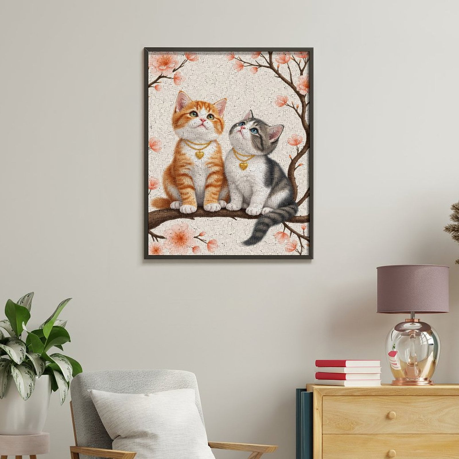 Paint By Numbers Kit for Adults Beginner - DIY Kittens Blossom Branch Heart Necklace Canvas Painting Kits for Adults, Frameless Paint By Number for Adults for Home Wall Decor 16x20 Inch