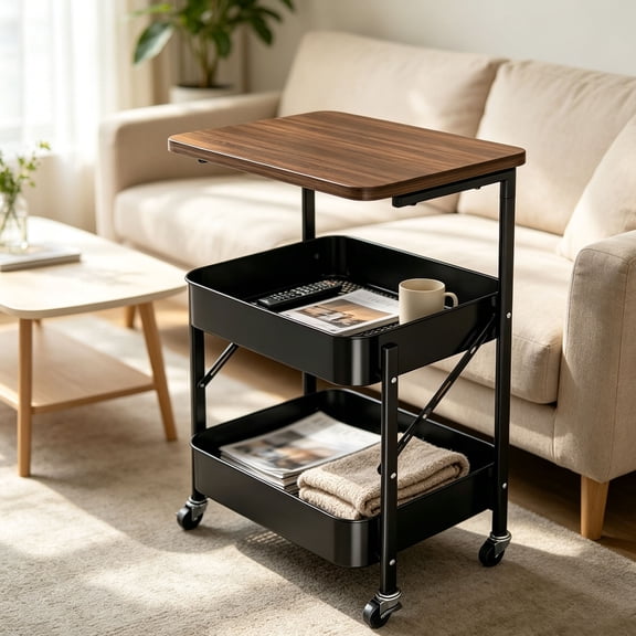 LCNDKF Rolling Service Cart with Detachable Wood Tabletop, Foldable 2-Layer Mesh Storage Trolley for Home Kitchen Office, 17.72x11.61x29.13in, Black