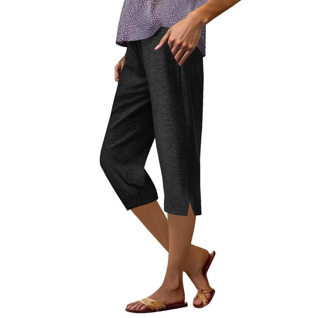 Side Split Capris Cotton Pants for Womens Drawstring Elastic Waist Capris Tummy Control Athletic-Fit Work Capris Office Work Capris Bussiness Pants with Pockets