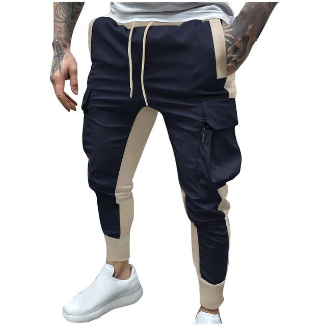 Puntoco Pantalones elásticos de color sólido con cremallera y múltiples bolsillos para hombre, cintura elástica con cordón para ajustar los pies