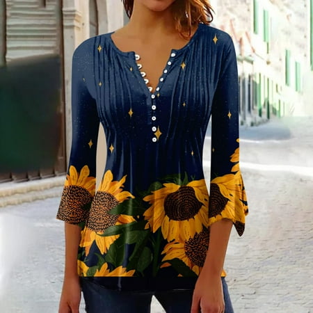 GaThRRgYP Workout Tops for Women Plus Size Tops for Women Women s Casual Trumpet 3/4 Sleeve Printed Buttoned Basic Ruched Corset Tunic Tops Pleated T-Shirts