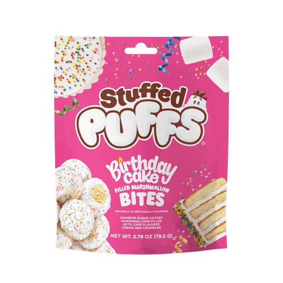 Stuffed Puffs Filled Marshmallow Bites, Birthday Cake, 2.79 oz Bag