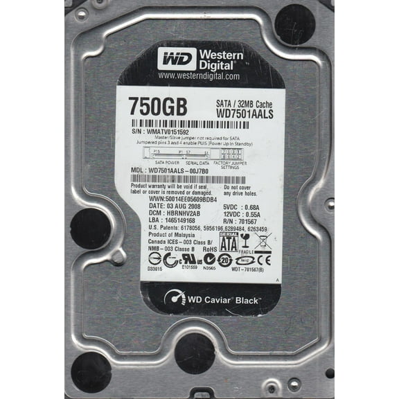 WD7501AALS-00J7B0, DCM HBRNHV2AB, Western Digital 750GB SATA 3.5 Hard Drive