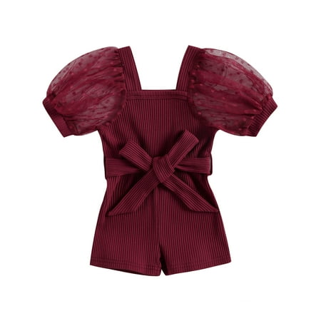 

Musuos Baby Girls Shorts Jumpsuit Ribbed Mesh Puff Sleeve Romper Playsuit with Belt