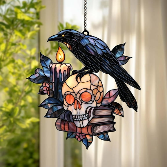 Raven Skull Books Acrylic Suncatcher Gothic Faux Stained Glass Window Hanging With Candle, Witchy Library Decor Gift