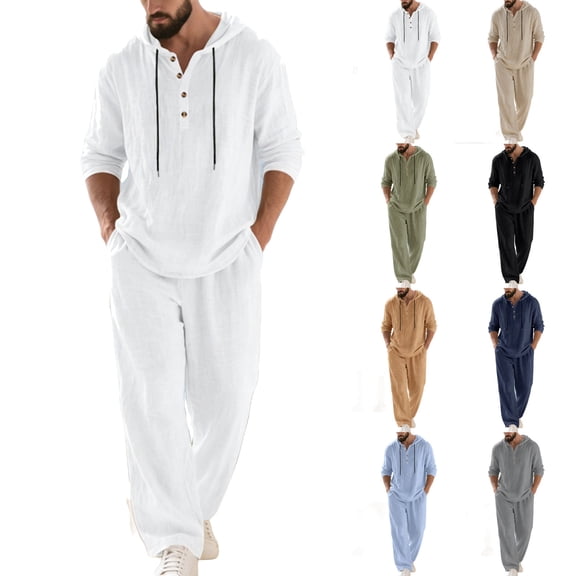 Purcolt 2 Piece Sets for Men Button Down Cotton Linen Shirts with Hood and Beach Pants Loose Fit Casual Vacation Outfits
