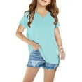 thumbnail image 2 of JTSRKL Girls Summer T-Shirts Cute Short Sleeve V Neck Solid Color Tunic Tops Loose Fit Casual Teen Girl Soft Cotton Tees Shirt Light Blue 3-4 Years, 2 of 6