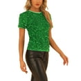 thumbnail image 4 of INSPIRE CHIC Women's Velvet Sequin Top Crew Neck Short Sleeve Party Clubwear Blouse M Green, 4 of 6