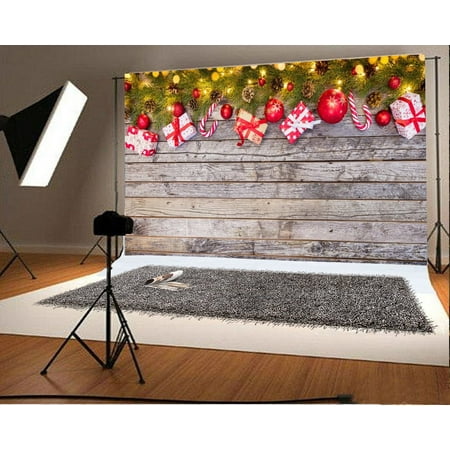 GreenDecor Polyester Fabric Christmas Decoration Backdrop 7x5ft Photography Backdrop Xmas Balls Pine Cones Gifts Candy Canes Twigs Wood Plank Children Baby Kids Photos Shooting Video Studio