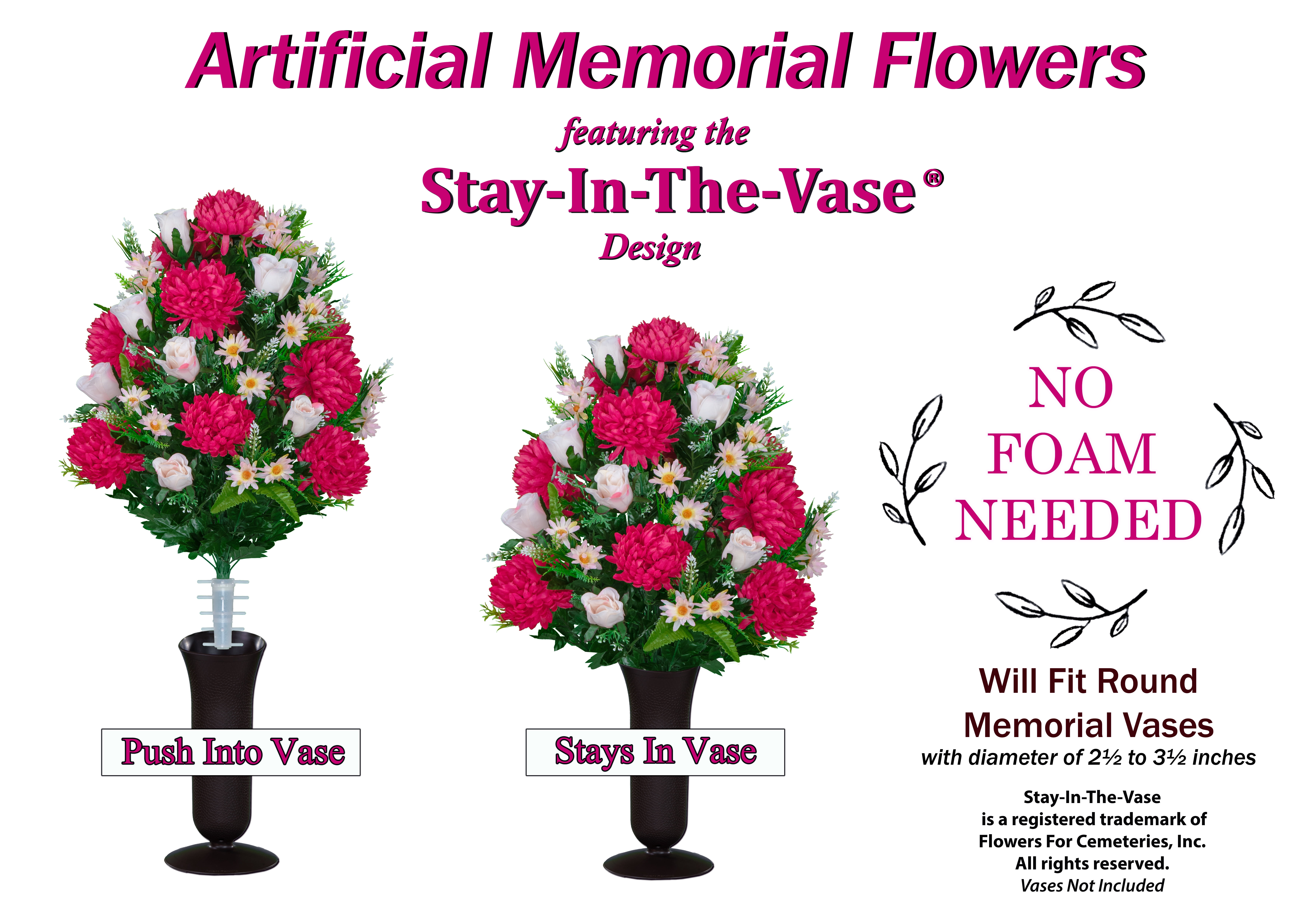 Sympathy Silks Artificial Cemetery Flowers Beauty Mums and Pink Roses Bouquet with Vase