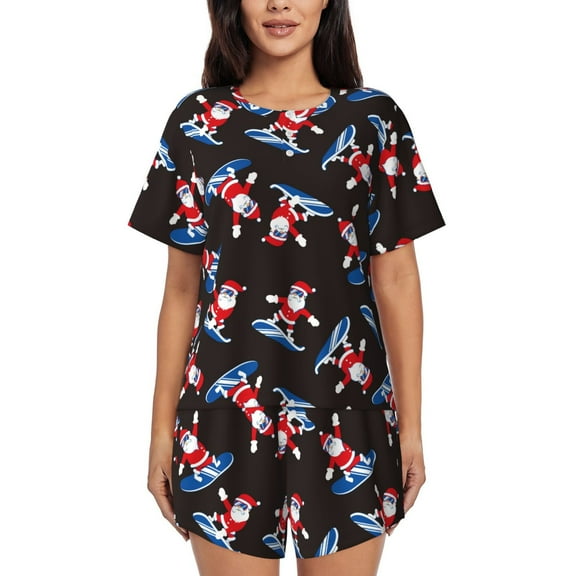 Logiee Surfing Santa Print Womens Pajamas Set,Short-Sleeve Pajama 2 Piece Sleepwear with Pockets-Small