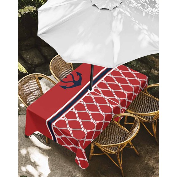 Outdoor Tablecloth with Umbrella Hole, Marine Black Anchor Zippered Table Cloth for Rectangle Tables, Modern Minimalist Stripe on Red Washable Waterproof Tablecloths for Picnic Patio Garden