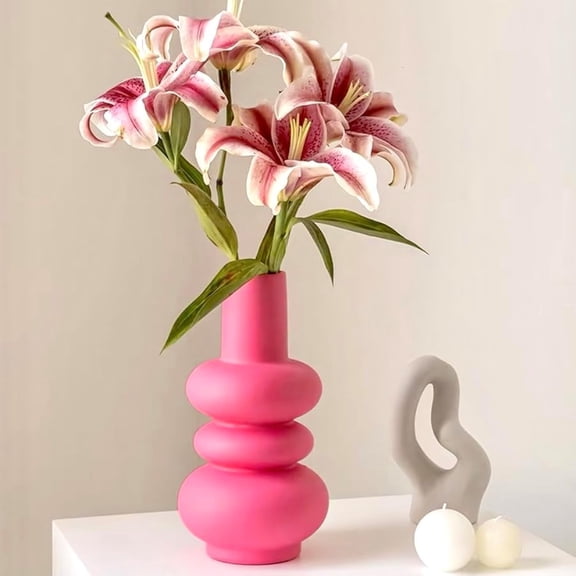 ABCISI Hot Pink Ceramic Vase, Colorful Ceramic Vase, Modern Dried Flower Vases, Pink Round Vase for Centerpieces Wedding Dinner Table Party Office, Housewarming Gift (3 Layers Pink)
