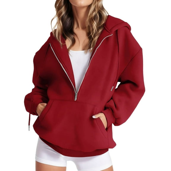 Diufon Womens Drawstring Hoodies Half Zipper Long Sleeve Tops Solid Color Sweatshirts with Pockets