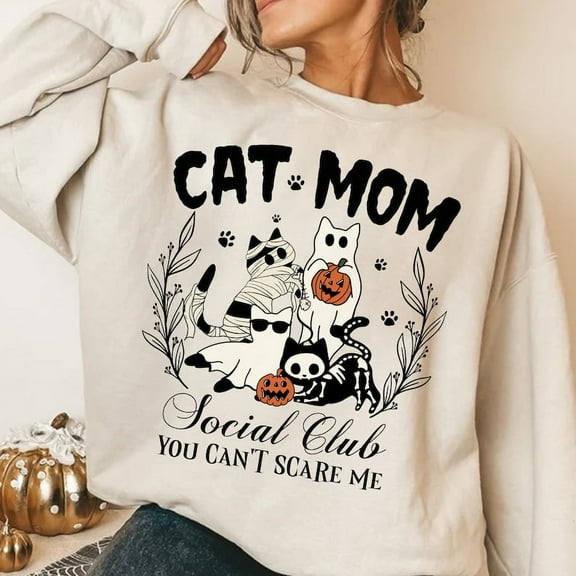 Spooky Cat Social Club Sweatshirt, Halloween Black Cat Mama Pullover, Funny Ghost Cat Fall Sweater for Women