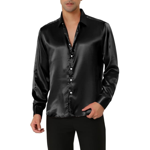 Camisas de vestir de manga larga con cuello en V de satén para hombre Inspire Chic, ajuste slim, 2XL, negro