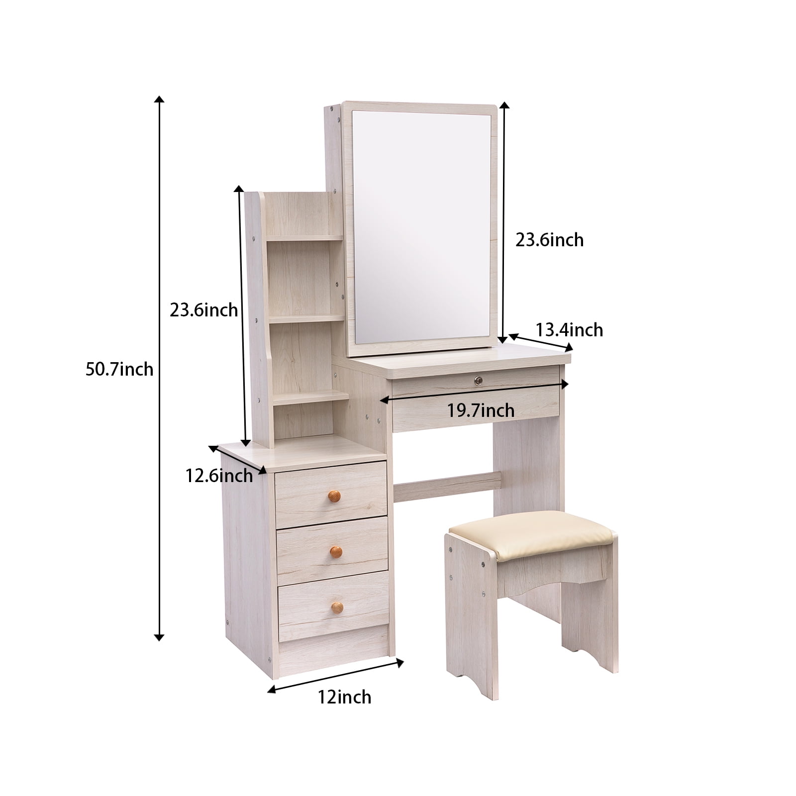 Resenkos Makeup Vanity Set with Mirror Cushioned Stool Open Storage Shelves and 4 Drawers White Oak