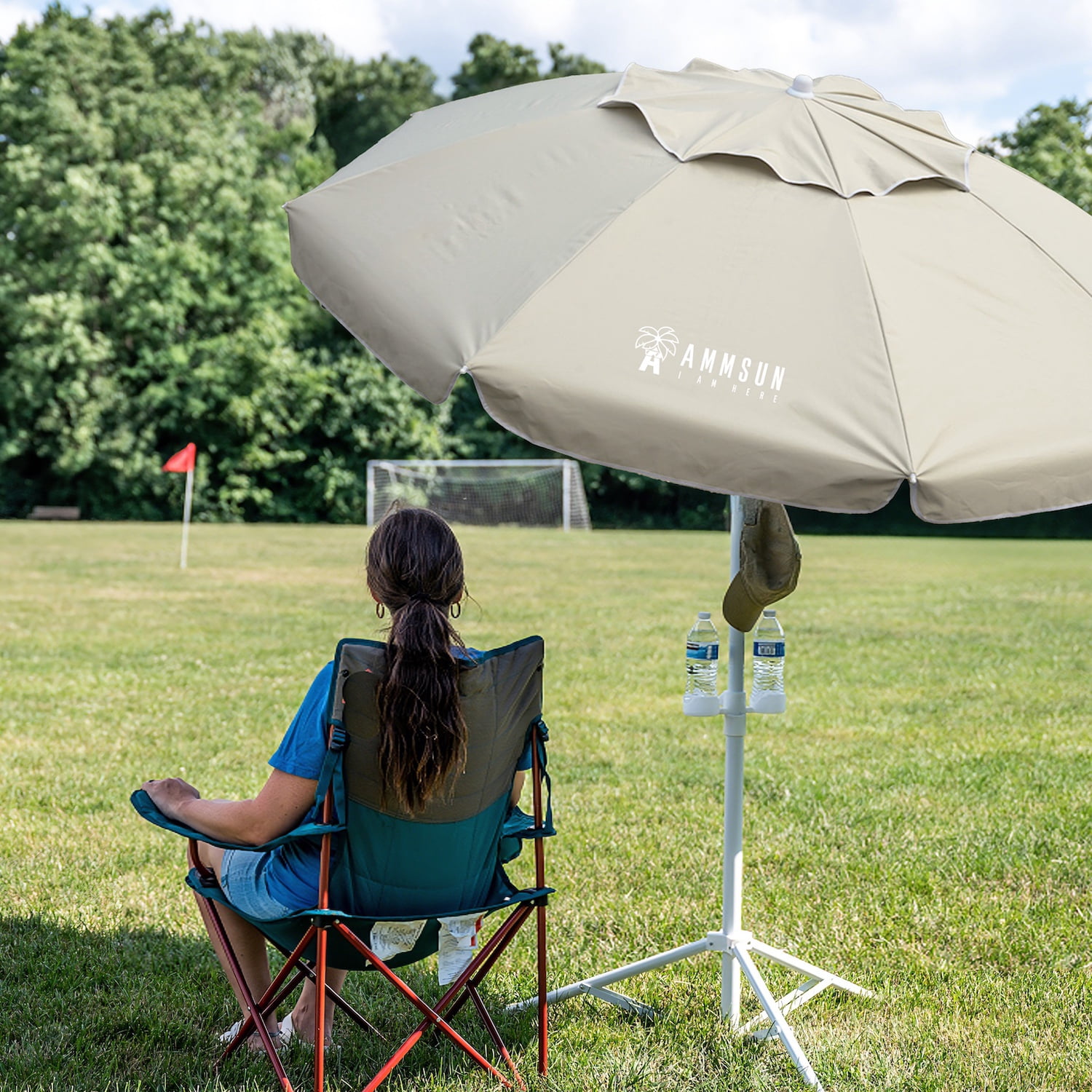 AMMSUN 6.5ft Lightweight Sports Beach Umbrella Portable Shade with Stand for Outdoor Games,Beige